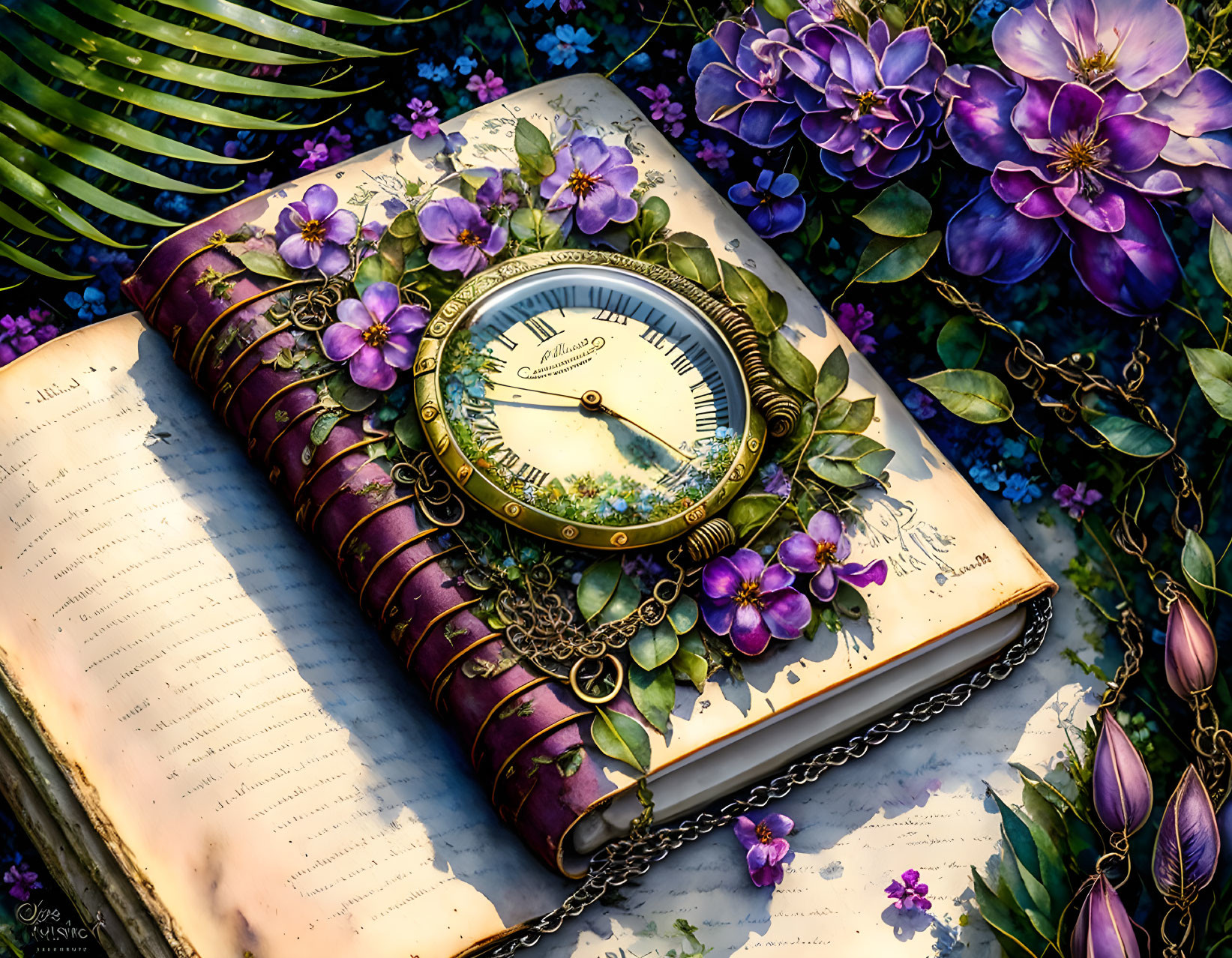 Ornate pocket watch on open book with purple flowers and greenery