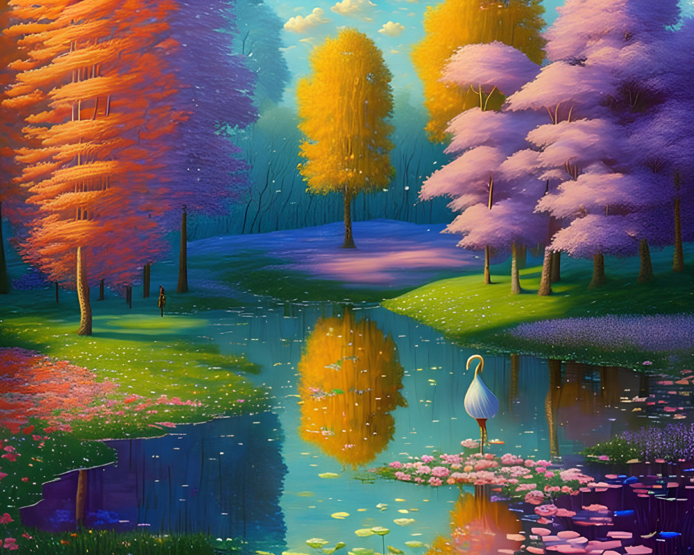 Colorful Trees and White Egret in Tranquil Pond Landscape