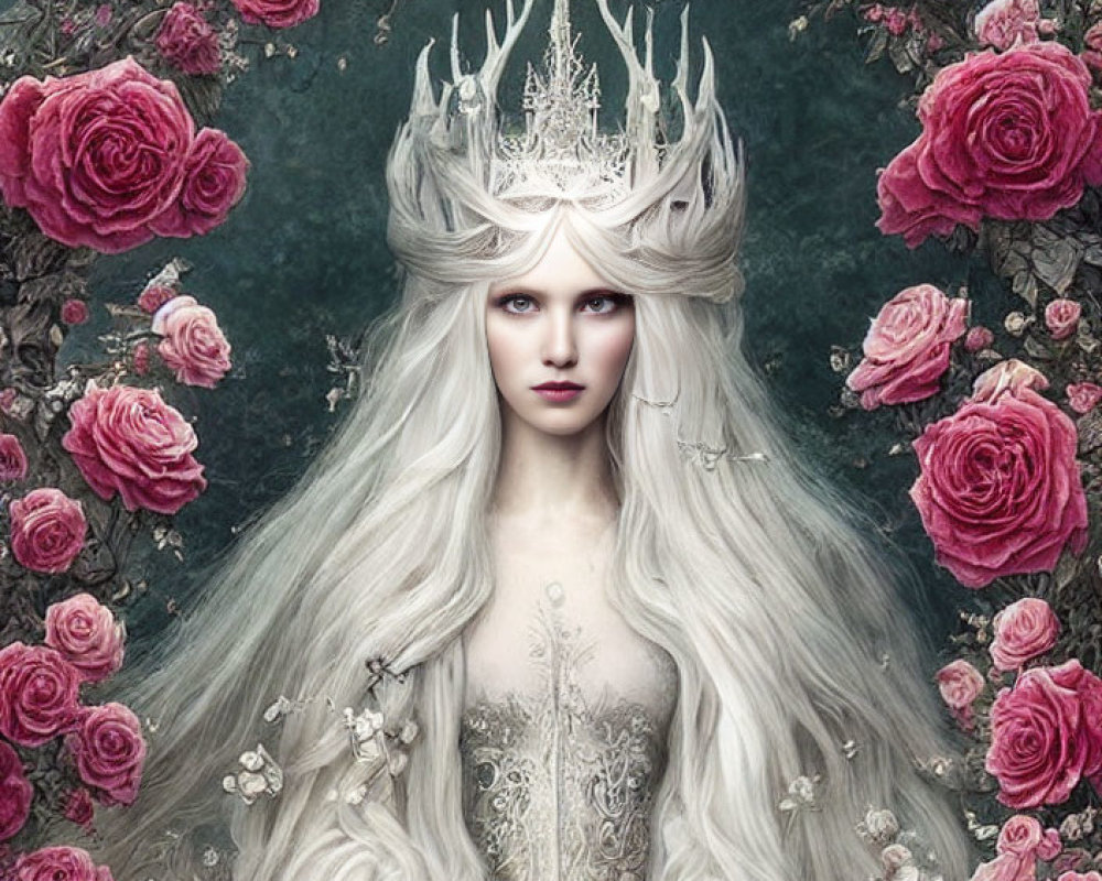 Fantasy portrait of woman with white hair, crown, pink roses, misty blue backdrop