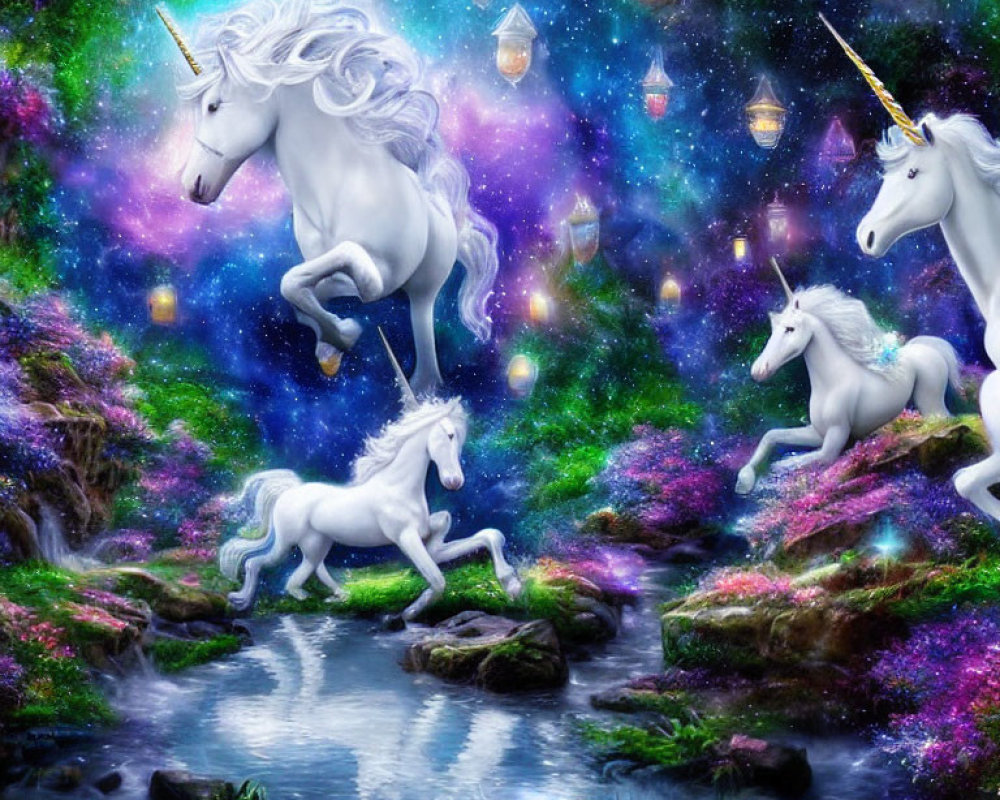 Three white unicorns in mystical forest with sparkling lights, stream, starry sky, lush greenery