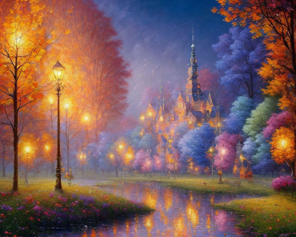 Enchanted park scene: glowing lamps, autumn trees, river, fairytale castle