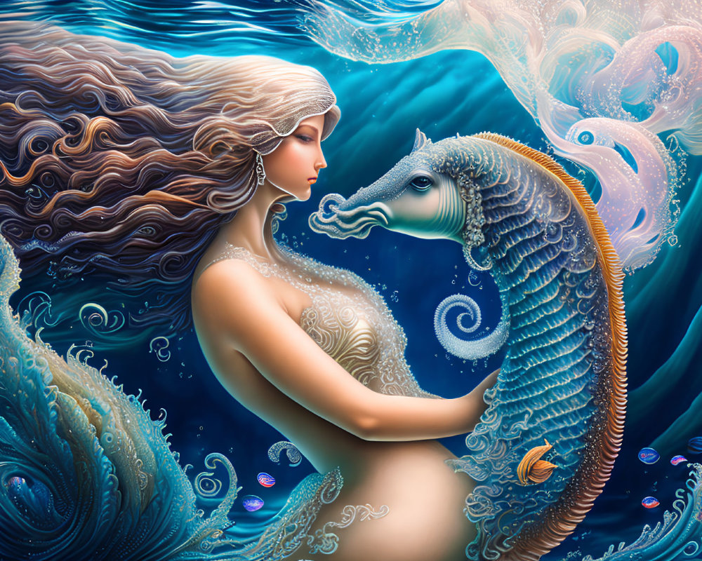 Mermaid embracing sea horse in vibrant underwater scene