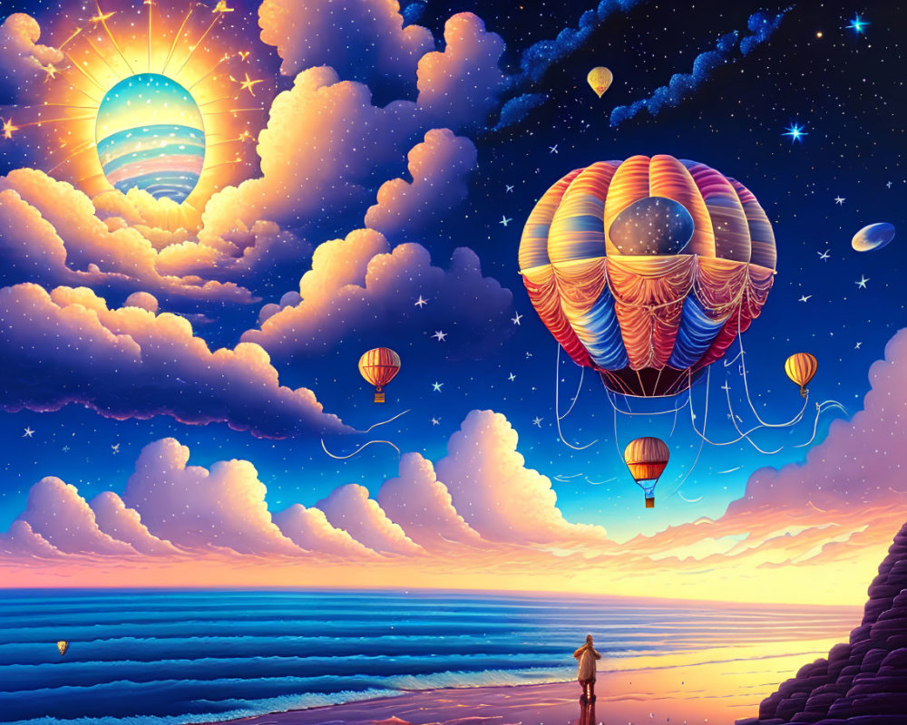 Surreal landscape with hot air balloons over serene sea