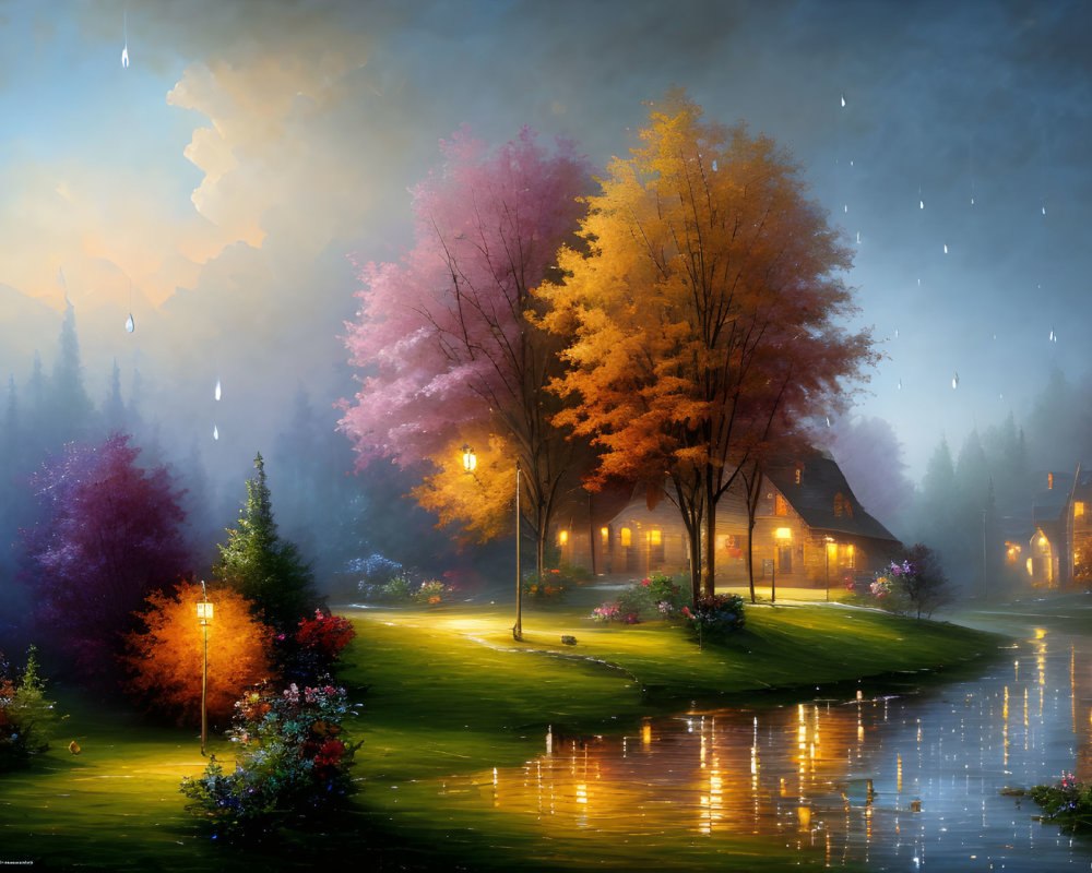 Tranquil twilight riverside scene with glowing lampposts and autumn trees