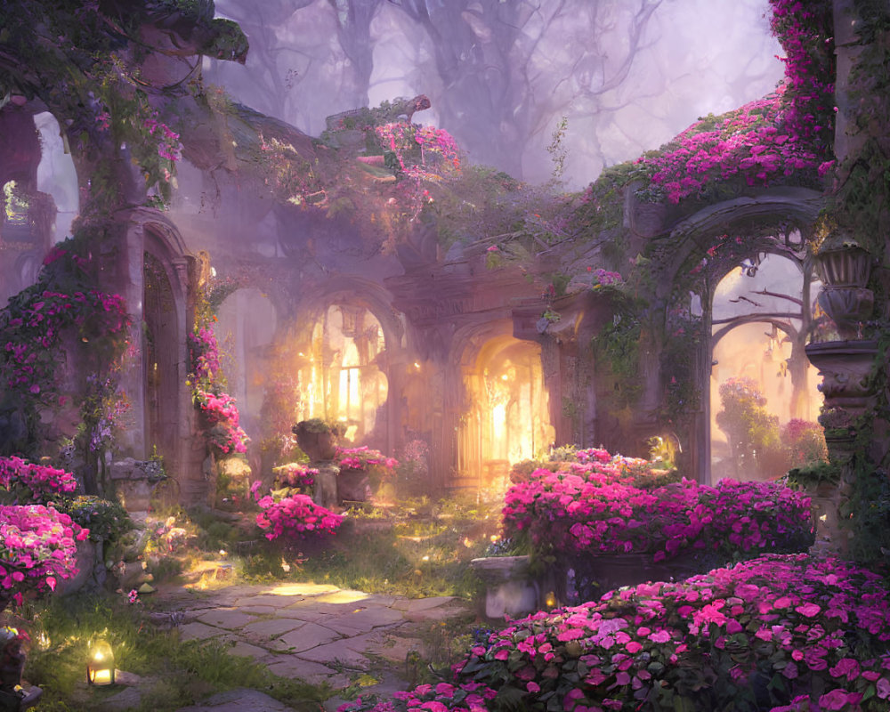 Sunlit garden with pink flowers and stone ruins creates magical atmosphere