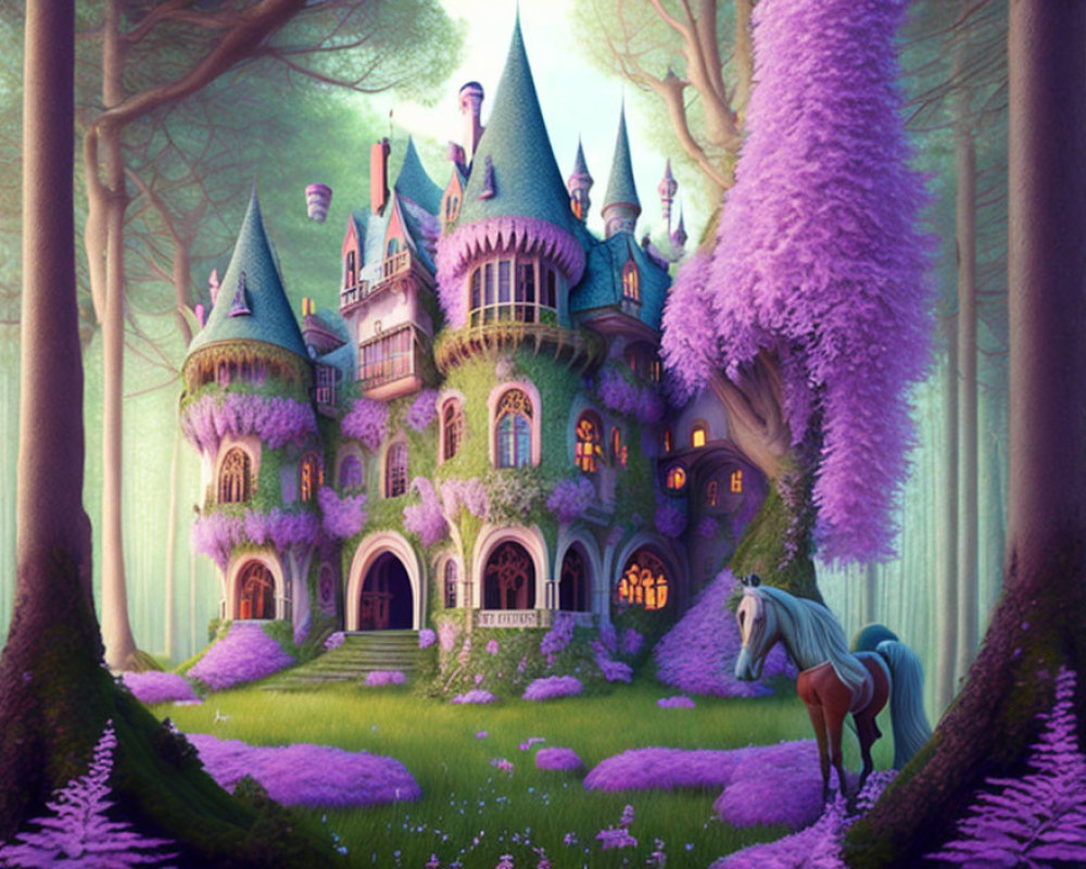 Enchanting castle and unicorn in magical forest scene