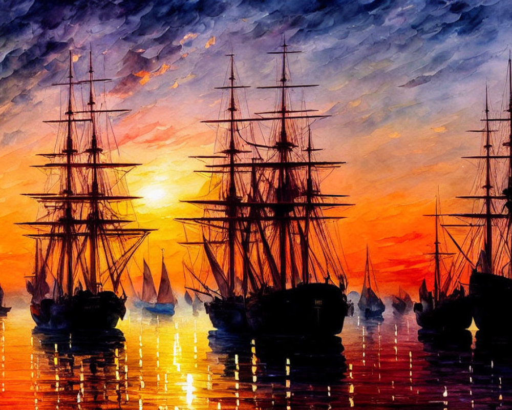 Multiple-masted tall ships at sunset in calm waters