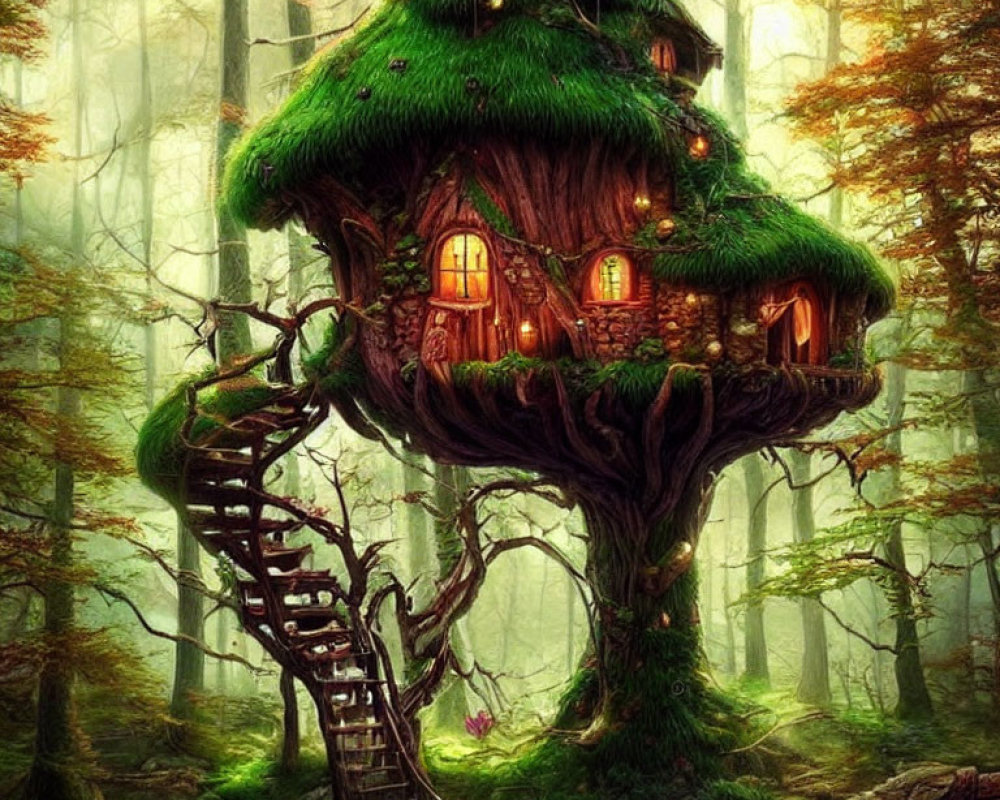 Enchanting treehouse with spiraling staircase in mystical forest