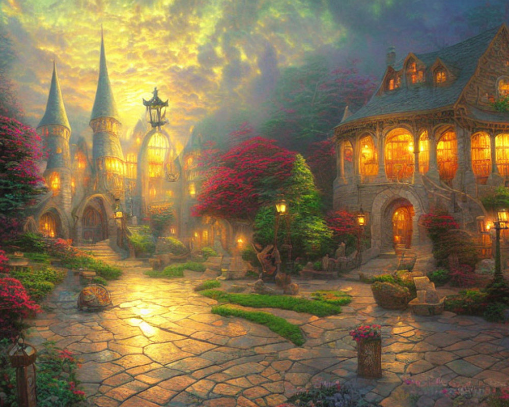 Enchanted cobblestone pathway to magical castle at sunset