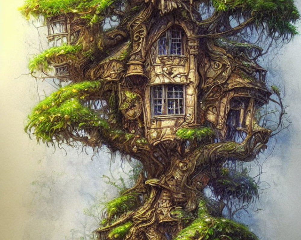 Illustration of enchanting multi-level treehouse in lush greenery