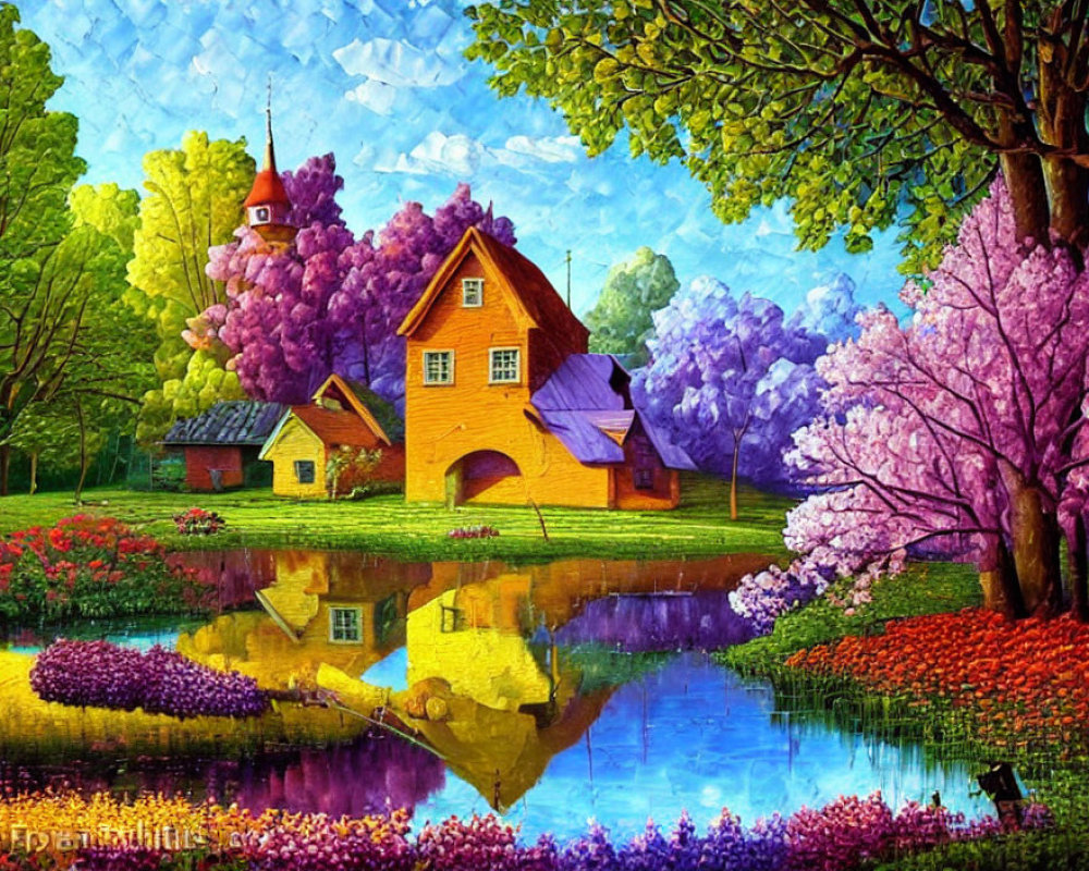 Colorful Landscape Painting with Whimsical Houses and Lush Trees