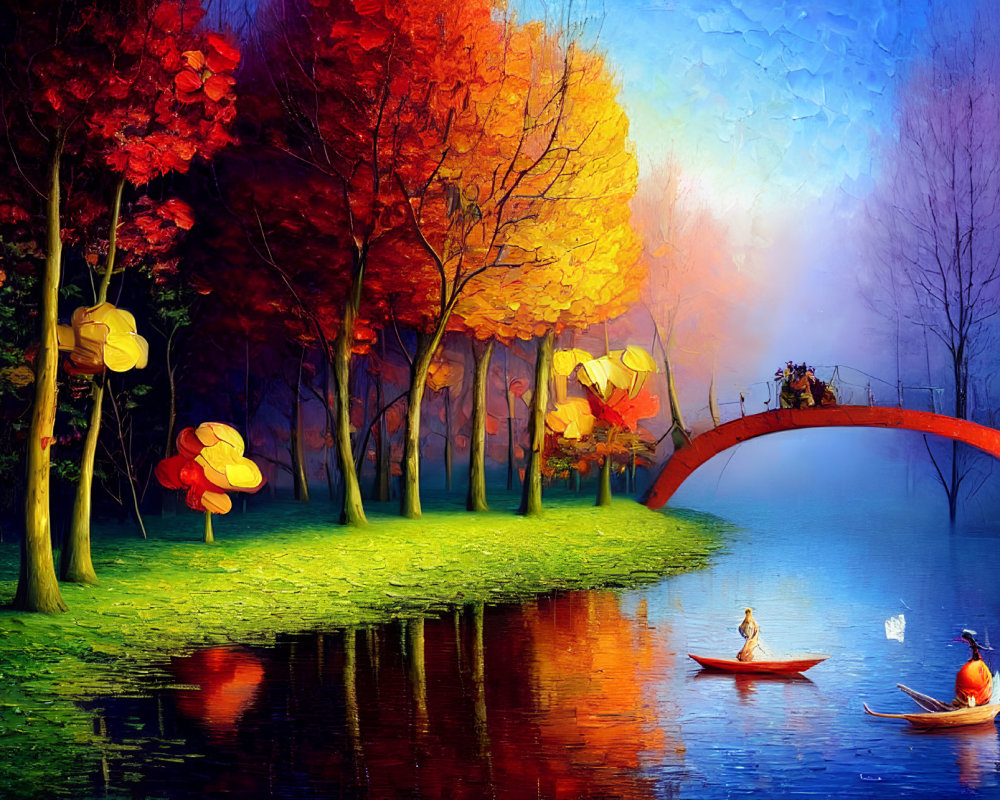 Colorful autumn park scene with red bridge, river, boats, and trees under blue sky