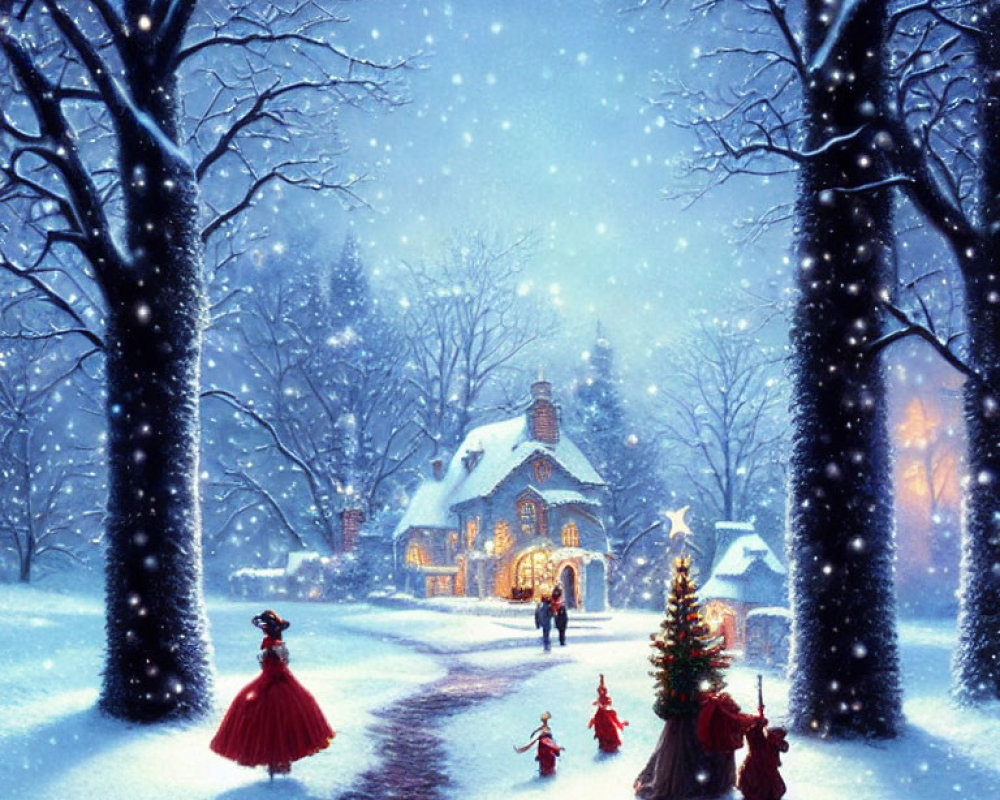 Snowy Winter Scene: People in Red Cloaks Walking to Cozy Cottage