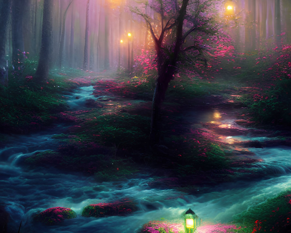 Enchanting Twilight Forest with Glowing Lanterns and Purple Trees