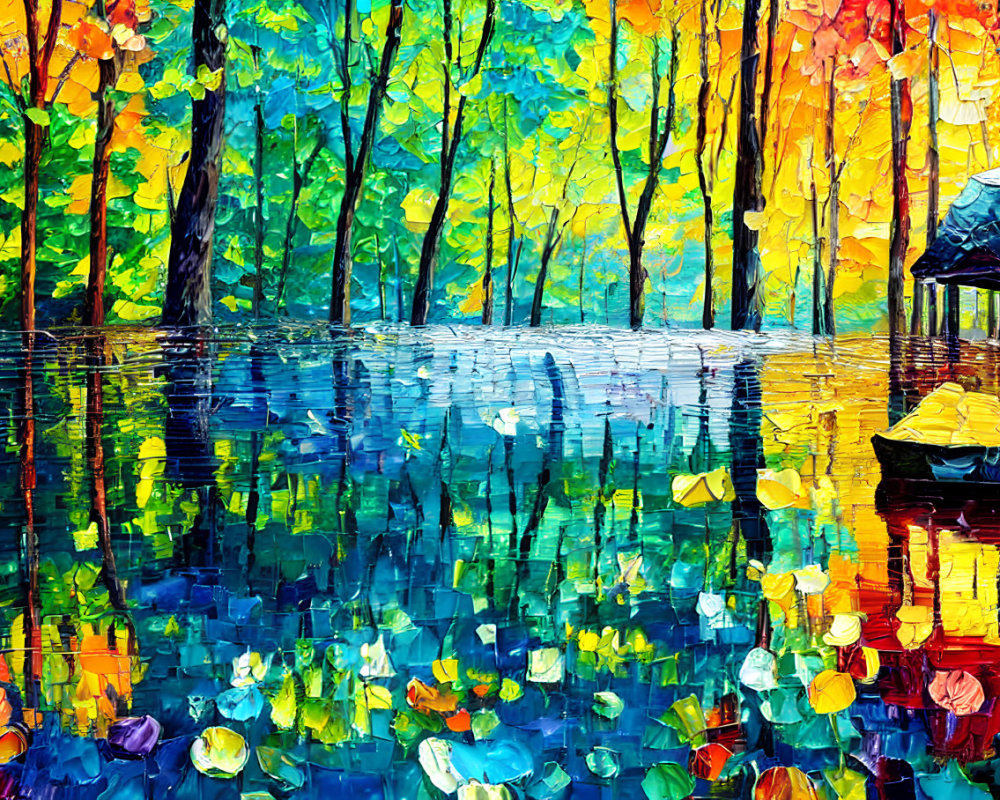 Vivid autumn forest oil painting with colorful tree reflections on water.