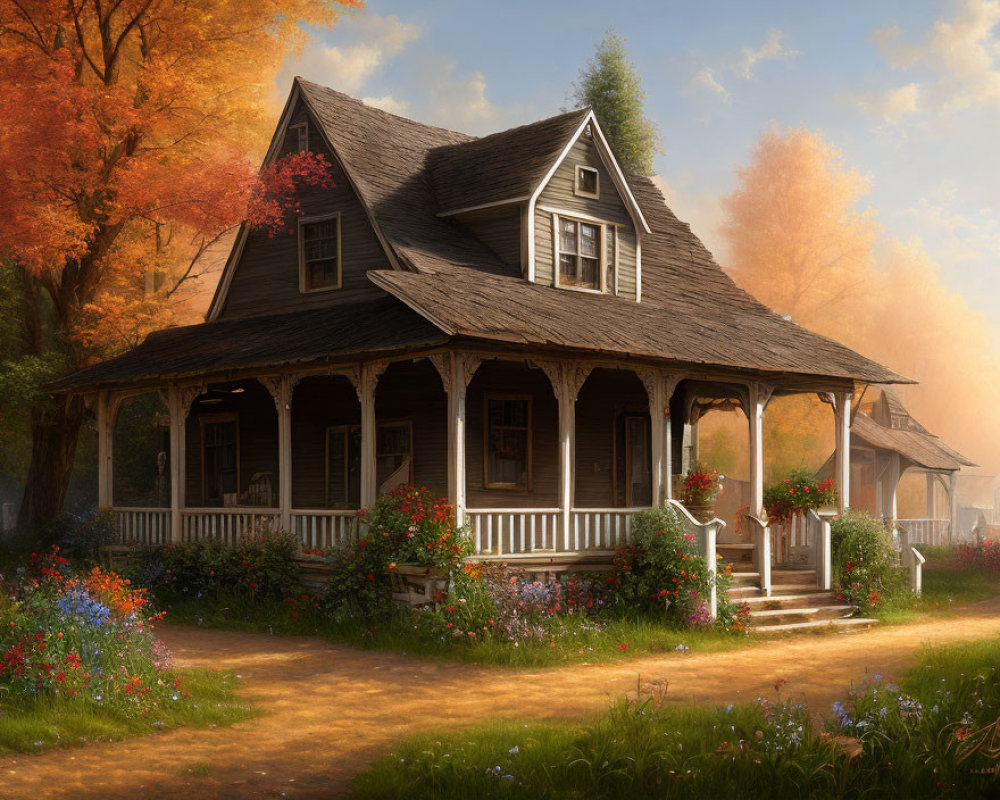 Charming wooden house with autumn trees and colorful flowers