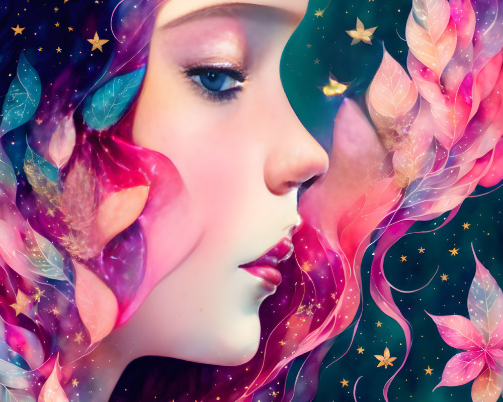 Vibrant digital art: Woman's profile with cosmic background