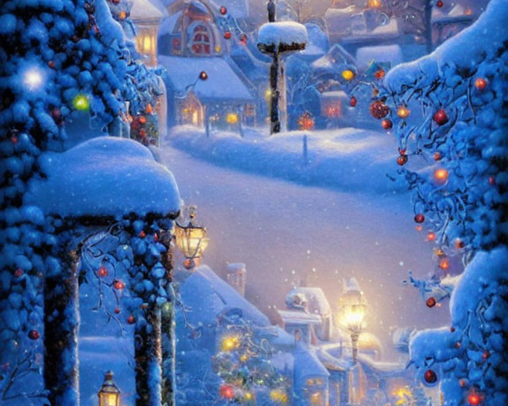 Snow-covered trees, festive lights, and glowing lamps in a winter twilight scene