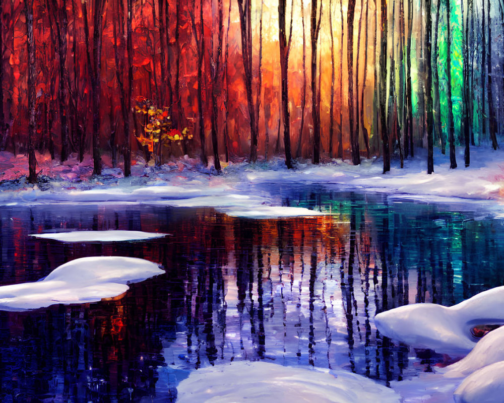 Colorful forest scene with snow patches and sunlit trees reflected in water