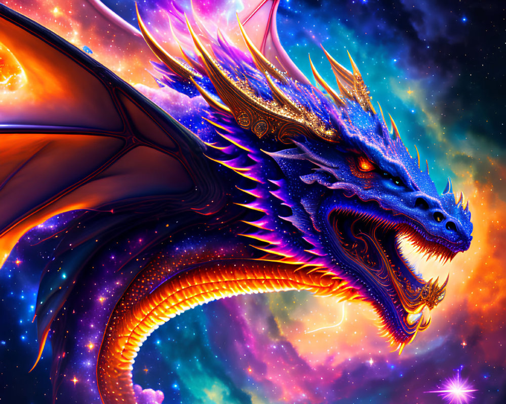 Blue dragon digital artwork with golden details in cosmic setting