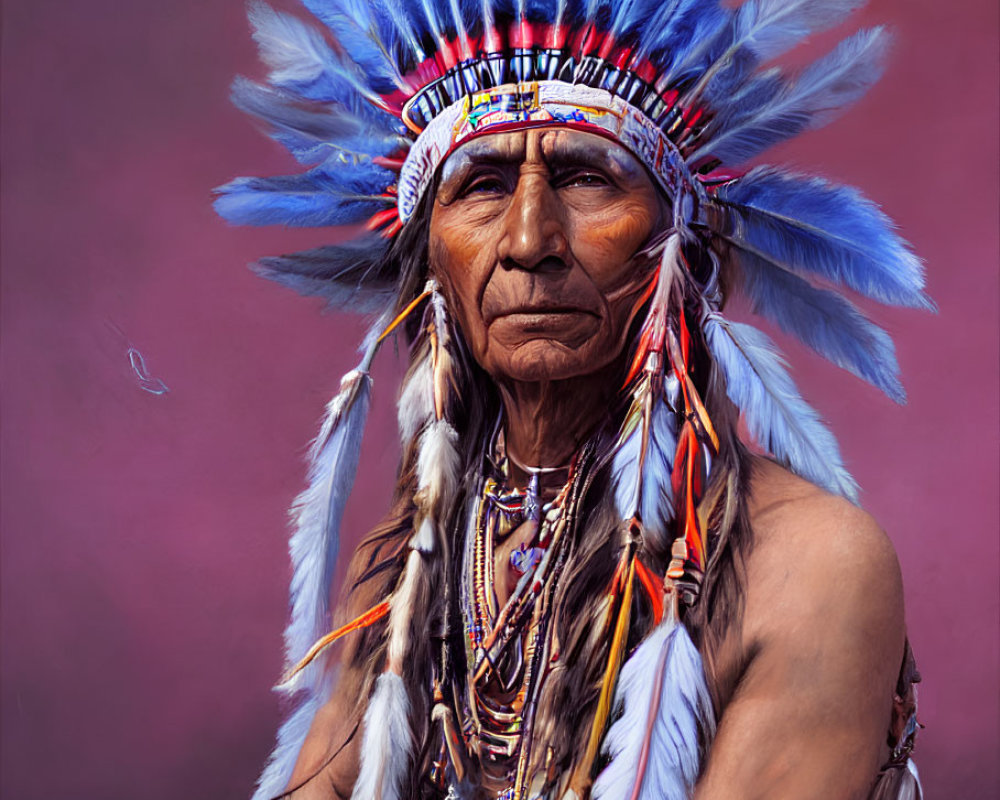 Native American Individual in Traditional Headdress with White and Blue Feathers on Purple Background