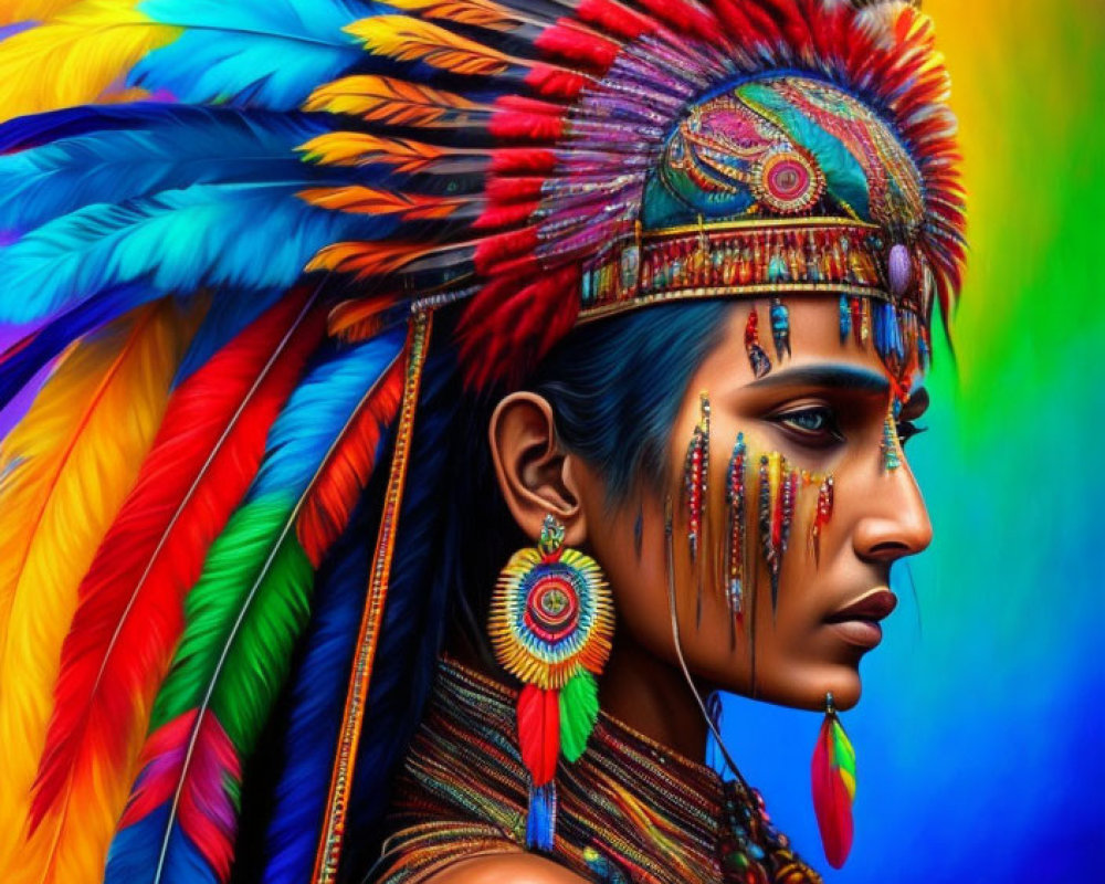 Vibrant person with feather headdress and face paint on rainbow background