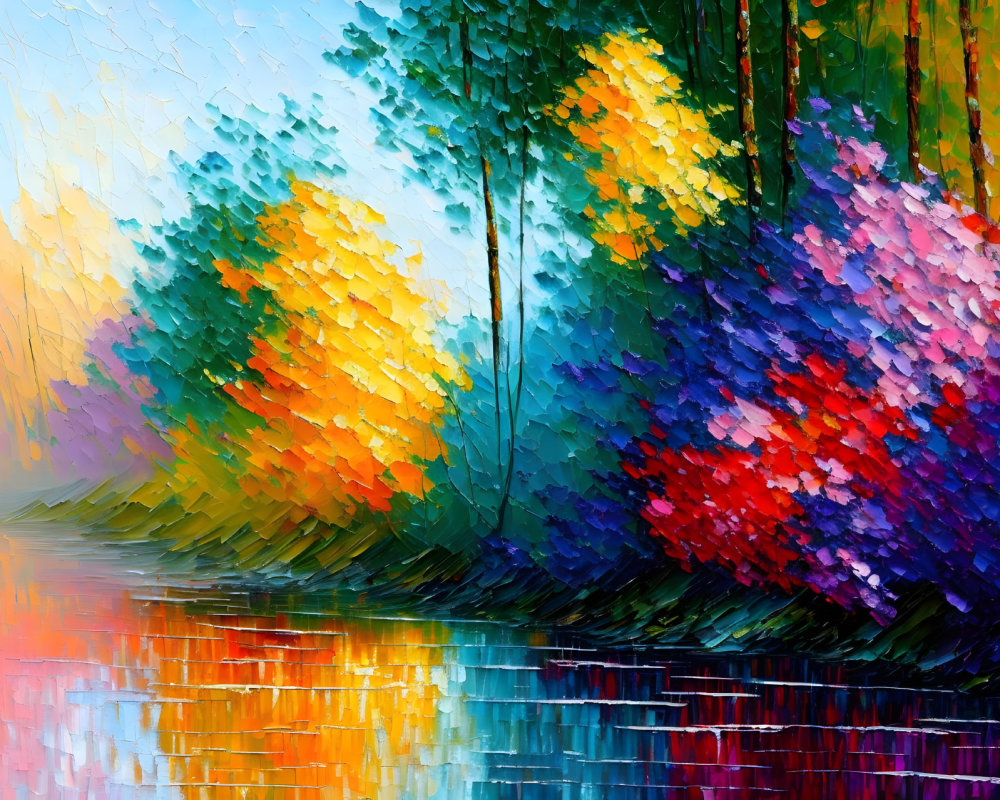 Vibrant impressionistic painting of autumn trees reflecting on water