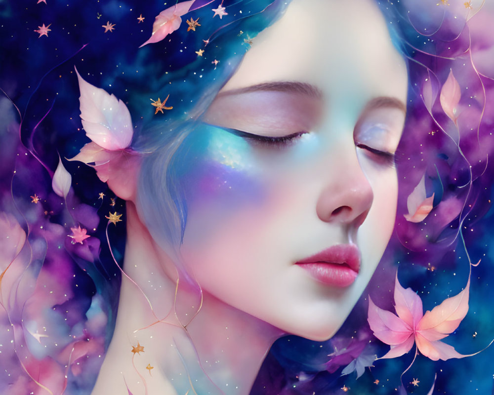 Galaxy-Themed Woman Surrounded by Pink Flowers and Stars