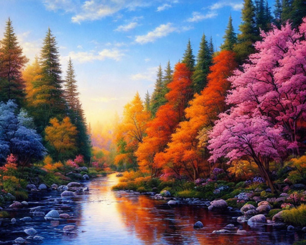 Colorful Forest Painting: Serene River & Autumn Trees