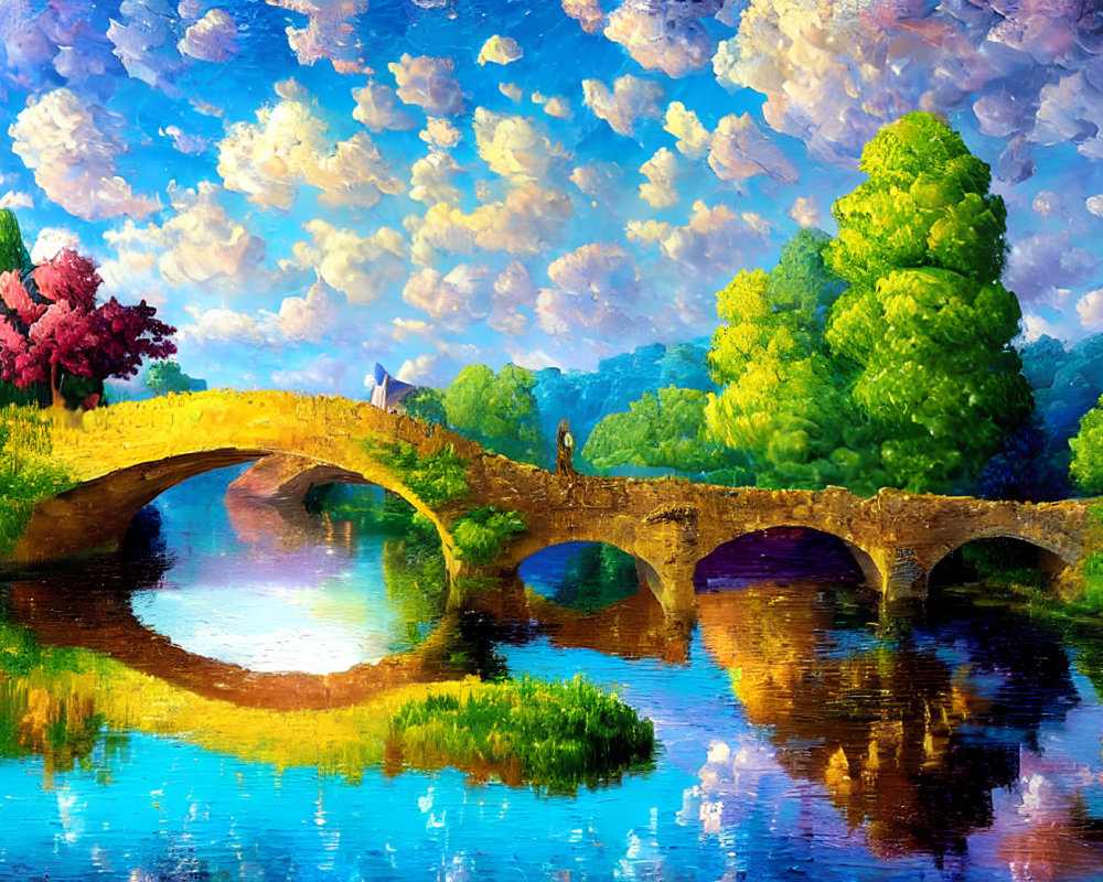 Serene oil painting: old stone bridge, lush greenery, blooming trees, distant windmill