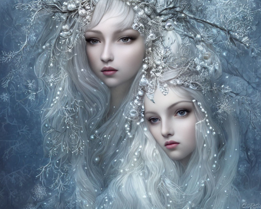 Ethereal women with pale features and white hair in silver floral adornments