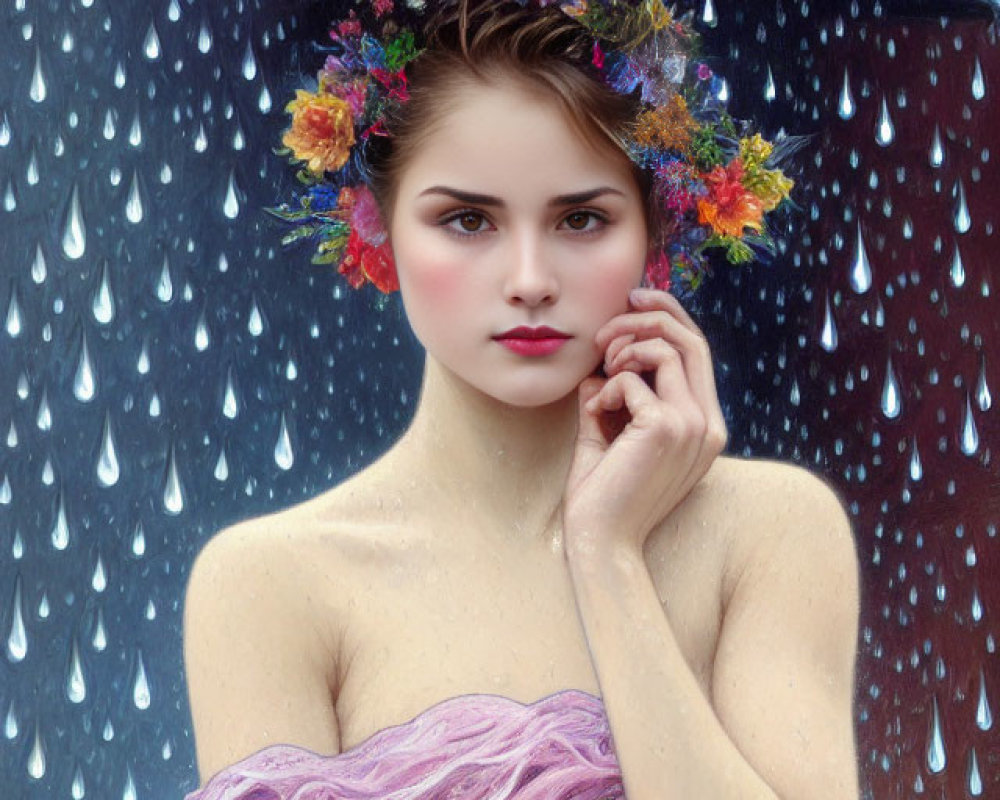 Woman with flower wreath holding umbrella in rain under pink fabric.