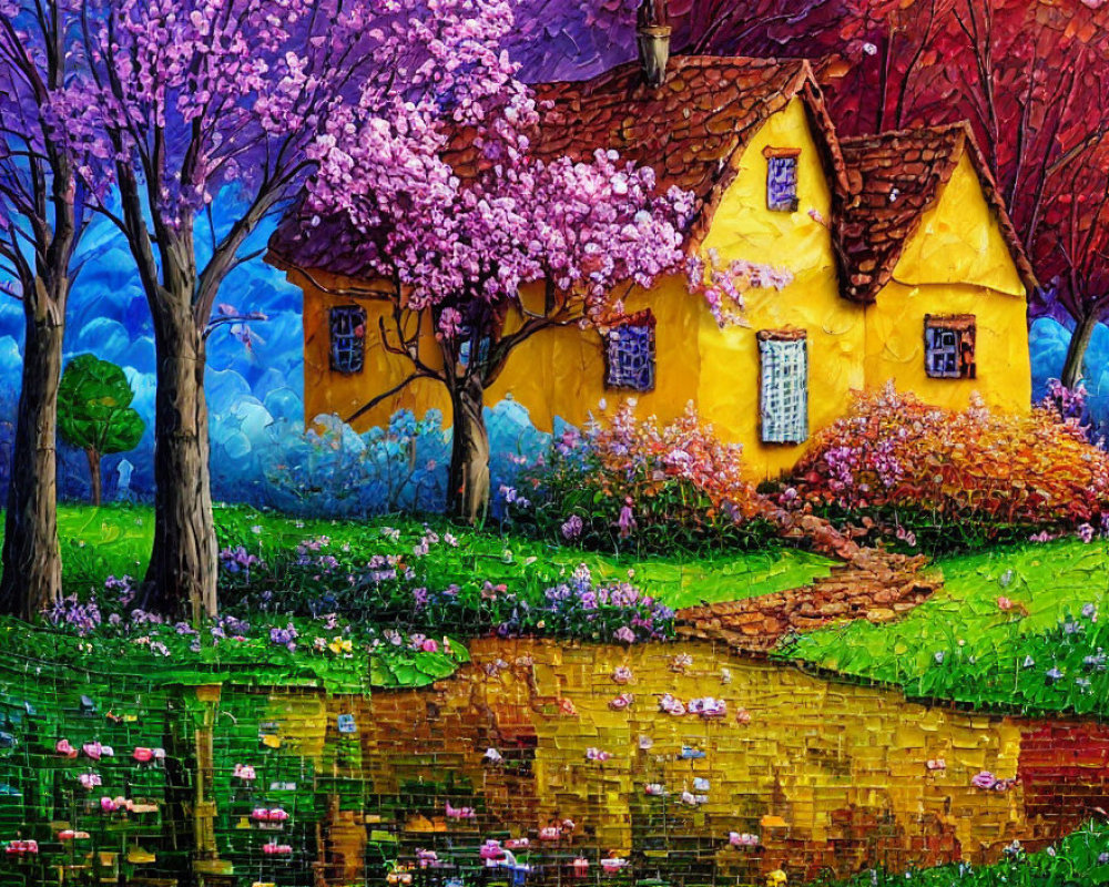 Colorful painting of whimsical yellow cottage surrounded by pink blooming trees and lush greenery near tranquil