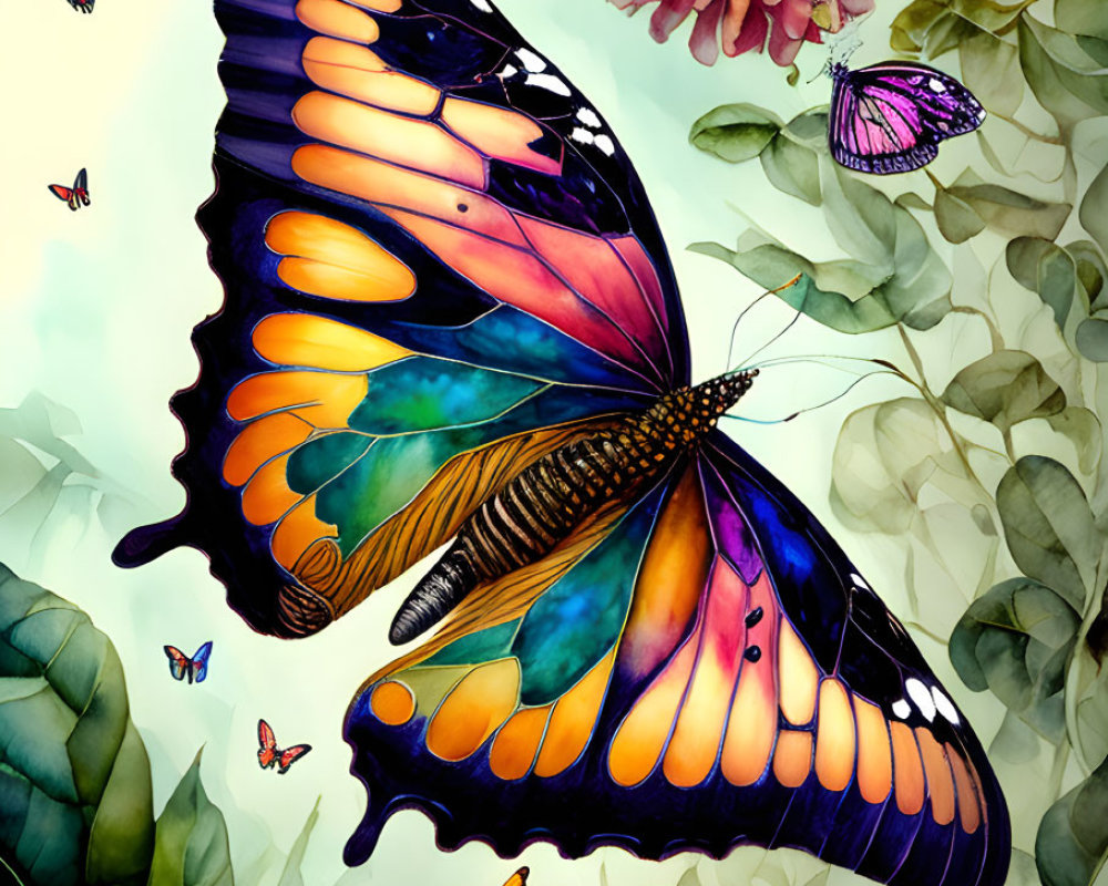 Colorful Butterfly Artwork with Lush Greenery on Light Background