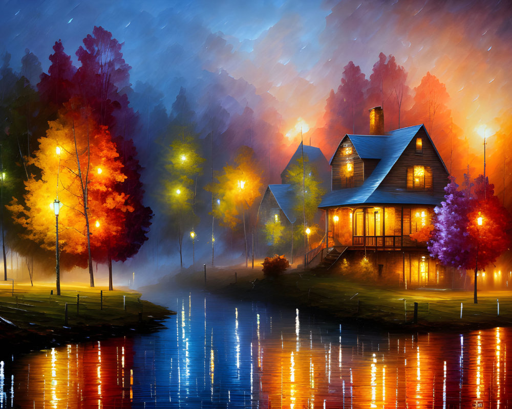 Colorful Lakeside Scene with Illuminated Trees and Cozy Houses