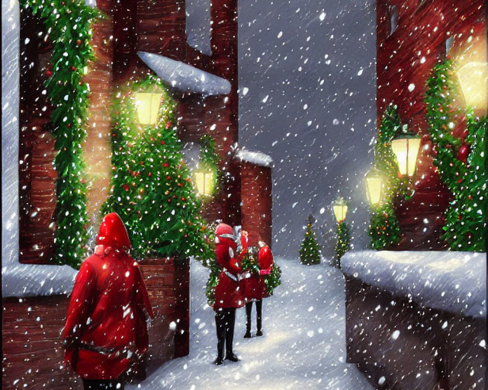 Snowy Evening Scene: Two People Walking Among Festive Red-Bricked Buildings