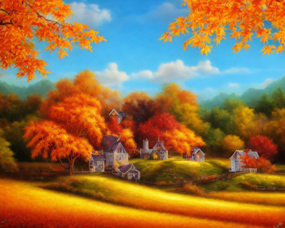 Autumn pastoral scene with vibrant foliage and quaint houses.