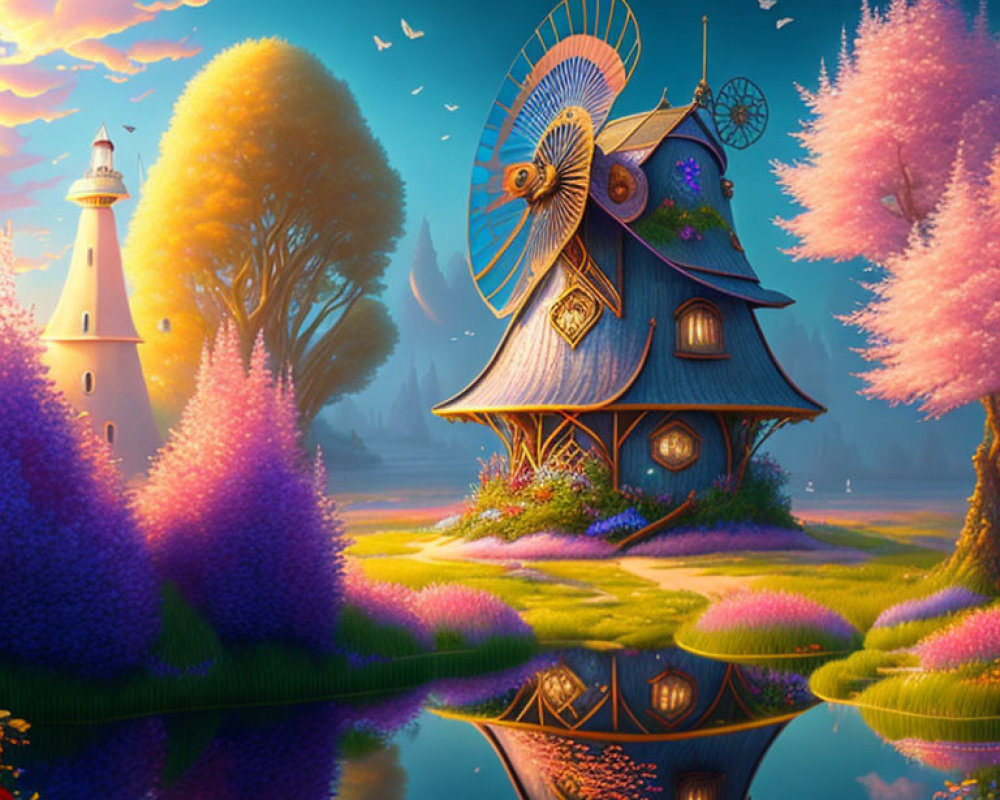 Vibrant illustration of whimsical treehouse with windmill, lighthouse, and tranquil pond