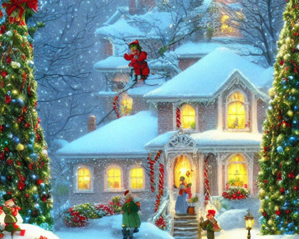 Snowy Christmas scene with decorated trees, Santa on roof, and family greeting.