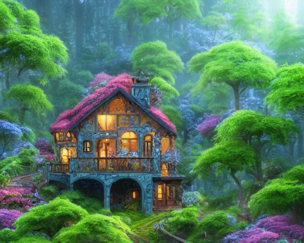 Charming Two-Story Cottage in Enchanted Forest with Purple and Green Flora