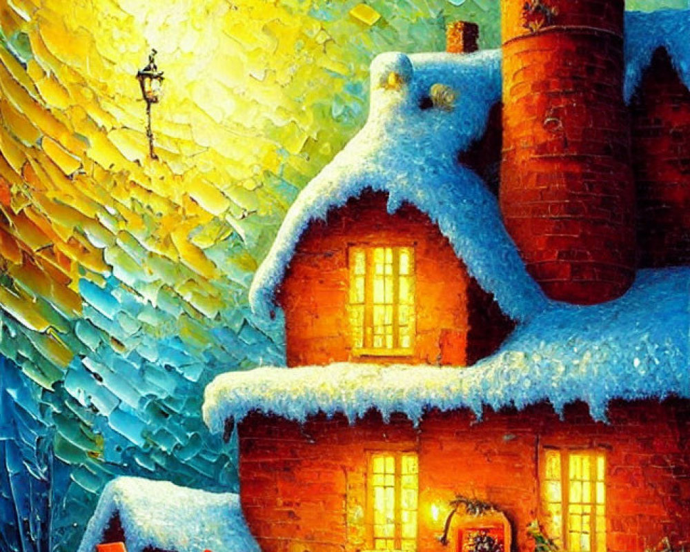 Colorful painting of snow-covered cottage with autumn leaves and figures in top hats