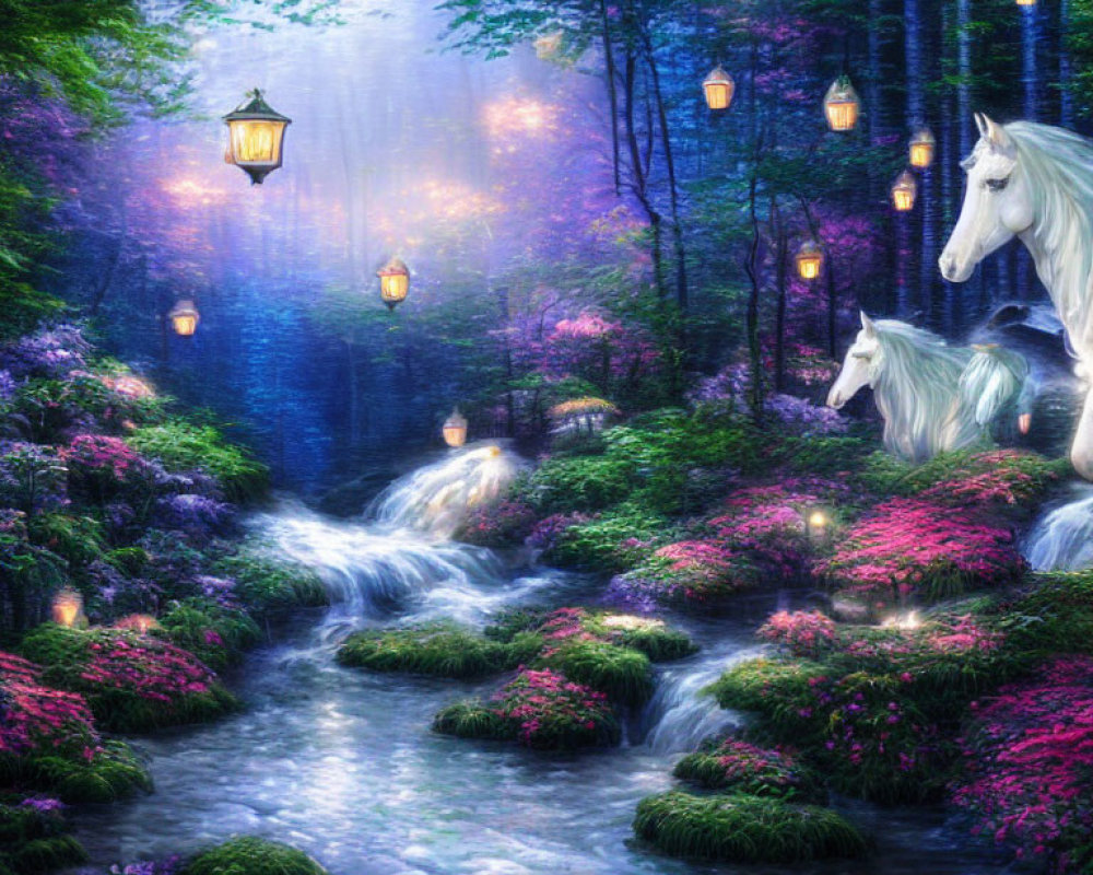 Enchanting forest scene with white unicorns by stream and lanterns