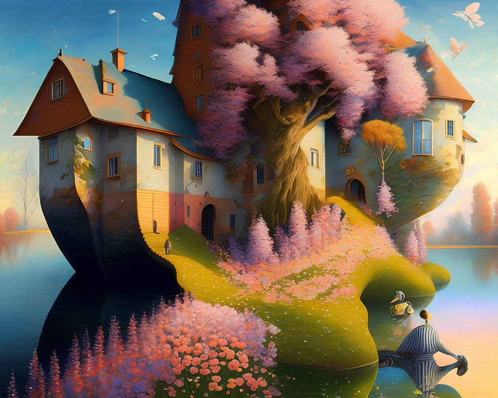 Colorful Treehouse on Island with Flowers, Lake, Person, and Swan