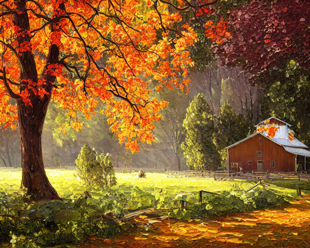 Vibrant autumn landscape with red barn, orange foliage, fallen leaves, and sunlight