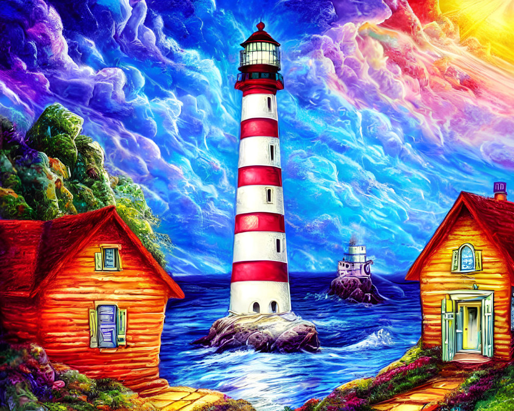 Vibrant red and white lighthouse by colorful houses at sea