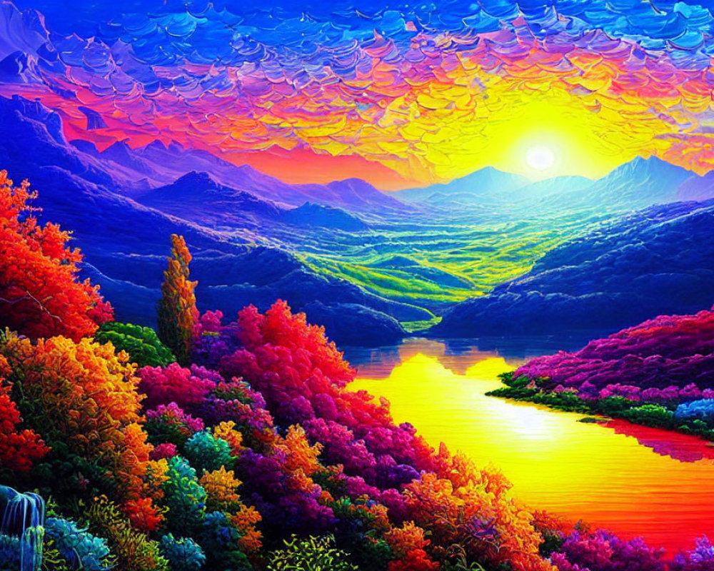 Colorful Sunset Landscape Painting with River, Mountains, and Trees