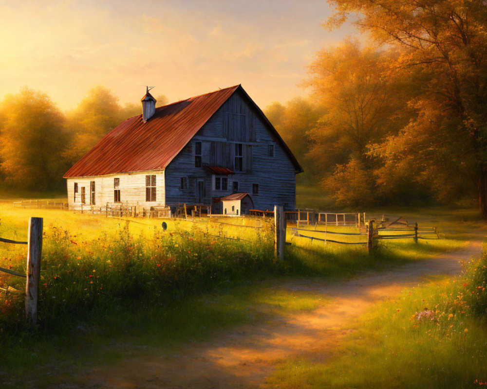 Rustic barn in golden sunset light with wooden fence, dirt path, and trees