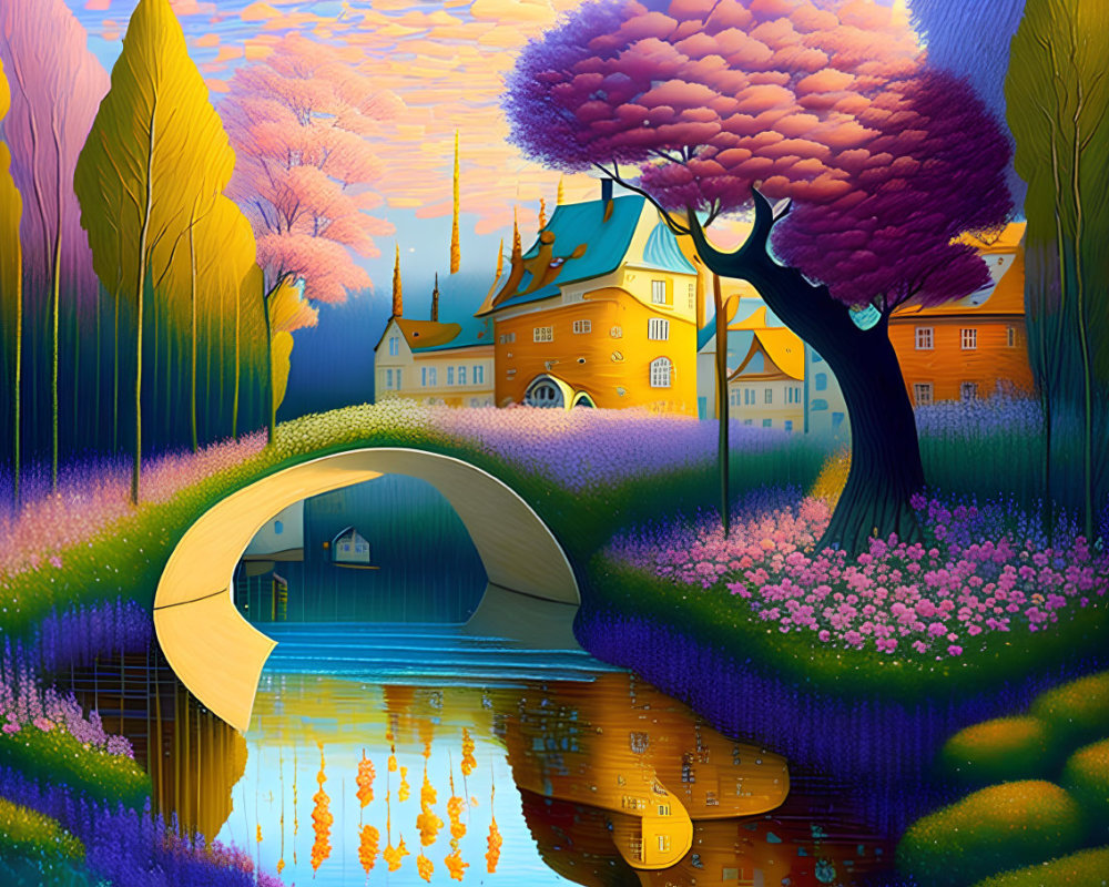 Colorful fairy-tale castle in vibrant landscape with river, bridge, autumn trees, and purple flowers