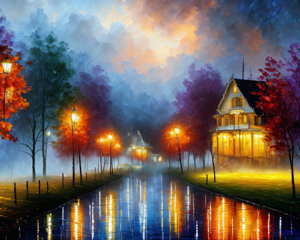 Vibrant painting of illuminated Victorian-style house at night