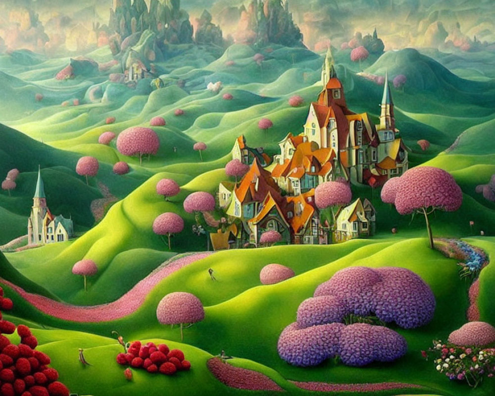 Colorful fantasy landscape with green hills, whimsical houses, purple trees, and tiny figures.